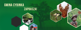 Grafika w kolore zielonym z napisem "Gmina Cybinka zaprasza, także zdjęcia kojarzące się z Cybinką
