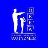 Logo OREW w kolorze niebieskim (kolor autyzmu) oraz białe napisy OREW i konktur człowieka