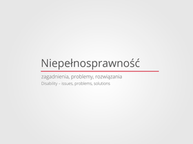 logotyp z napisem niepełnosprawność- zagadnienia problemy rozwiązania, niżej tłumaczenie na język angielski