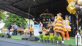 Pokaż zdjęcie: Scena Festiwalowa. Na scenie osoby z niepełnosprawnościami przebrane m.in. za pszczoły