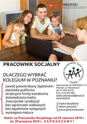 Pokaż zdjęcie: Plakat promujący bezpłatne kształcenie w zawodzie pracownik socjalny w Kolegium Pracowników Służb Społecznych w Poznaniu