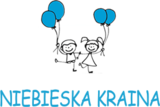 Logo przedszkola: dwoje dzieci trzyma w rekach po dwa niebieskie baloniki - wszystko w formie grafiki, a pod spodem napis Niebieska Kraina