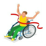 Obrazek osoby na wózku inwalidzkim, obrazujący moment wjazdu na metę i zerwanie szarfy zwycięstwa