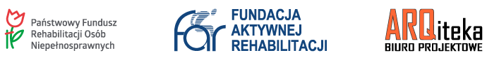 Pokaż zdjęcie: Loga lidera  i partnerów projektu: Fundacja Aktywna Rehabilitacji - logo składa się z trzech, małych, pierwszych liter nazwy far, jednocześnie literka a symbolizuje wózek inwalidzki, na którym widać grafikę przedstawiającą osobę, siedzącą na wózku, obok, pionowo wpisany rok 1988, logo PFRON: czerwony kwiat - tulipan, z zieloną łodygą i liściem, połączony do zielonego patyka (graficznie - kreska) czerwonym sznurkiem (graficznie -kreska) i nazwa funduszu, logo biura projektowego: drukowanymi literami ARQ w kolorze pomarańczowym i obok iteka pisana czarną, małą literą, pod spodem - drukowaną, czarną czcionką napis "biuro projektowe"