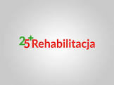 Logo programu "Rehabilitacja 25+" - nazwa czerwono-zielona na szarym tle