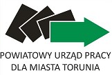 Logo Powiatiowego Urzędu Pracy dla Miasta Torunia - trzy czarne prostokąty, ułożone w wachlarzu i na górze zielona strzałka z grotem skierowanym w prawo