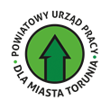 Logo Powiatowego Urzędu Pracy dla miasta Torunia - ciemnozielona strzałka skierowana do góry, w jasnozielonym kółku, wokół nazwa instytucji