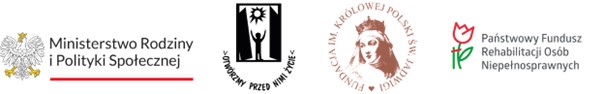 od lewej: godło Polski, a obok napis Ministerstwo Rodziny i Polityki Społecznej, następnie logo projektu "Otwórzmy przed nimi życie", logo Fundacji im. Królowej Polski św. Jadwigi i logo PFRON