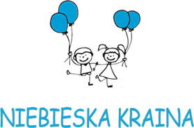 Logo przedszkola: dwoje dzieci trzyma w rekach po dwa niebieskie baloniki - wszystko w formie grafiki, a pod spodem napis Niebieska Kraina