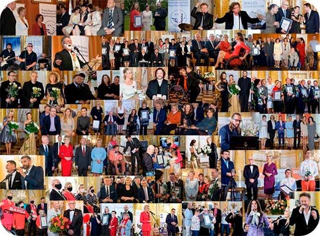 Kolaż zrobiony z blisko 50 zdjec, któe przedstawiają zeszłorocne edycje Lodołamaczy - ich laureatów, osoby nominowane i organizatorów