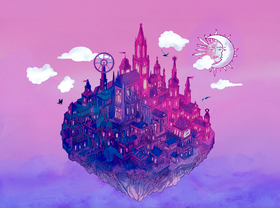 Obrazek, w kolorach różowych i fioletowych, przedstawia wyspę, pełną wysokich budynków z wieżami, która unosi się w chmurach. Logo tegorocznego konkursu plastycznego.