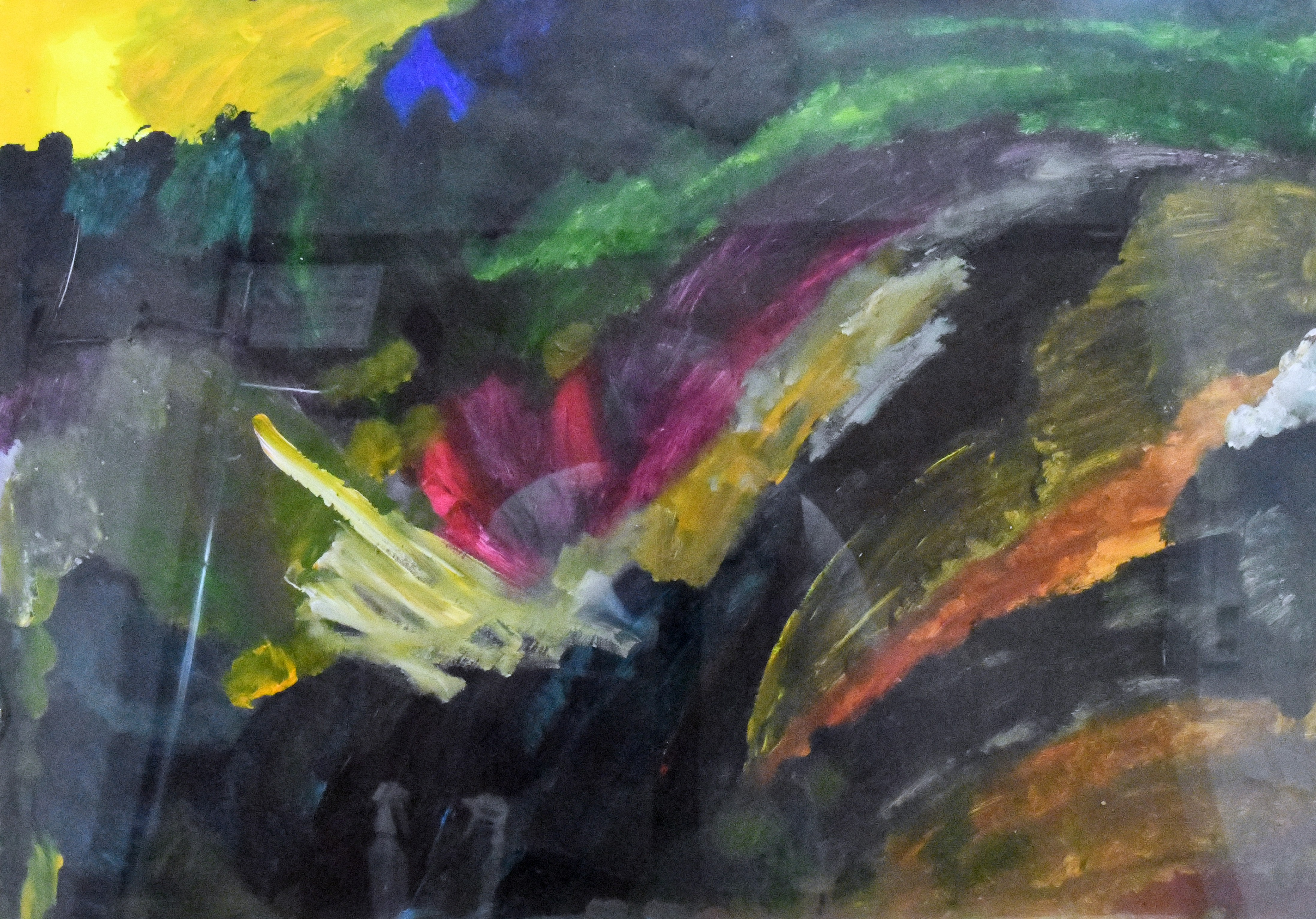 Wielokolorowy obraz, dowolne pociągnięcia pędzlem w różnych kierunkach, niestanowiących konkretnych form.