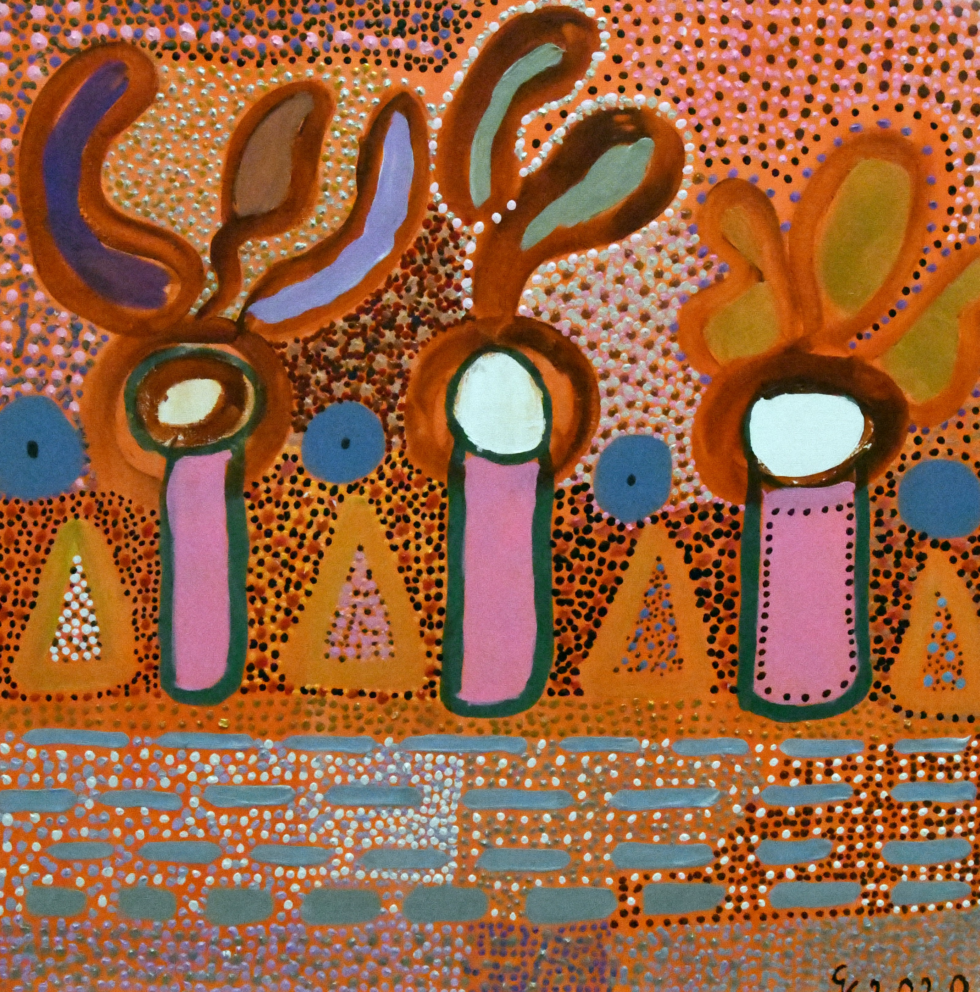 Bardzo niezobowiązująca interpretacja autora dotycząca przyrody. Obraz wielokolorowy, uproszczone obrazy drzew i bliżej nieokreślone formy wokół nich.