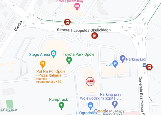 Mapa przedstawiająca lokalizację przystanków w okolicy obiektu Toyota Park