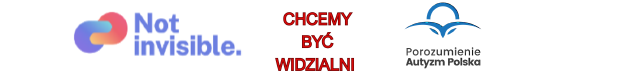 Pokaż zdjęcie: Biała opaska z logotypami: „Not invisible.”, hasłem „Chcemy być widzialni” oraz logo Porozumienie Autyzm Polska.