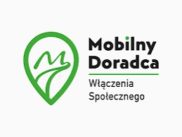 Logo programu „Mobilny Doradca Włączenia Społecznego”. Po lewej zielony znak graficzny przypominający znacznik lokalizacji z abstrakcyjnym symbolem, po prawej czarny napis oddzielony zieloną linią.