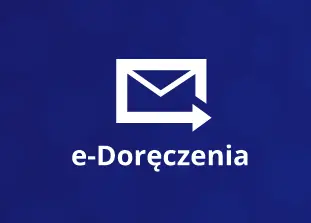Na niebieskim tle na dole znajduję się napis „E-doręczenia”. Nad nim znajduje się logo koperty ze strzałka skierowaną w prawym kierunku)