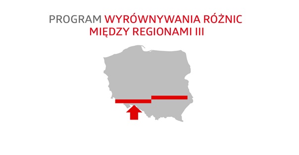 Pokaż zdjęcie: Na konturze mapy Polski widnieją 2 grube czerwone kreski, z których ta po prawej stronie jest umiejscowiona nieco wyżej. Pod mapą polski widoczna jest gruba czerwona strzałka, natomiast nad niniejszym konturem umieszczony został napis: „Program Wyrównywania Różnic Między Regionami III”.