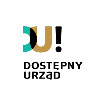 Pokaż zdjęcie: Na białym tle widnieją: prawe półkole litery D nachodzące na literę U oraz wykrzyknik. Nieco niżej możemy dostrzec następujące sformułowanie: „Dostępny Urząd”.