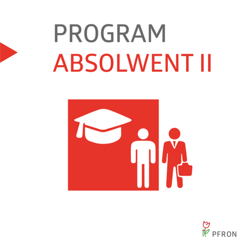 Pokaż zdjęcie: Napis „Program Absolwent II” na białym tle wskazuje czerwony trójkąt po lewej stronie. Poniżej czerwony kwadrat z białym biretem i postacią człowieka. Po prawej stronie postać drugiej osoby w kolorze czerwonym z torbą w ręce. Na dole logo PFRON.