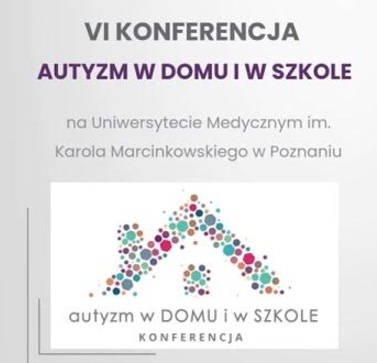 Pokaż zdjęcie: Na szarym tle informacja o miejscu konferencji „Autyzm w domu i w szkole”. Poniżej, w białym prostokącie znajduje się zarys zadaszenia domu z kominem, na który składają się kolorowe kule o różnej wielkości.