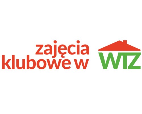 Pokaż zdjęcie: Białe prostokątne pole z kolorowym napisem pośrodku ekranu. Tekst brzmi: „zajęcia klubowe w WTZ”. Słowa „zajęcia klubowe w” są czerwone, a skrót „WTZ” jest zielony, nad nim znajduje się czerwony dach w formie prostego symbolu domku.