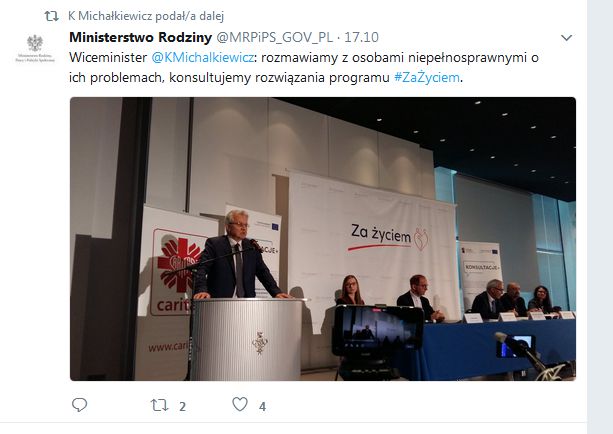 Fotografia z twitera K. Michałkiewicza z wpisem dotyczącym konsultacji społecznych programu „Za życiem” 