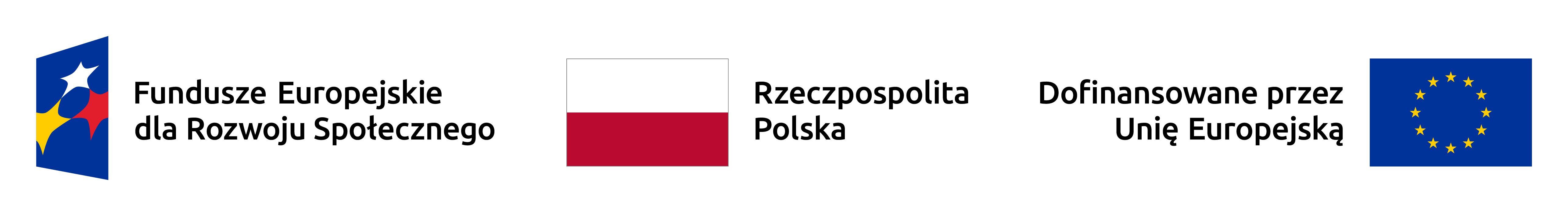 Logotyp w formie paska od lewej napis Fundusze europejskie dla rozwoju społecznego, flaga Polski napis Rzeczpospolita Polska, napis dofinansowane przez unię europejską i flaga Unii Europejskiej