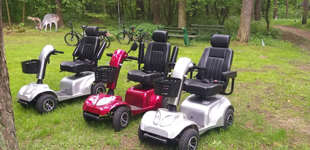 Stojące na polanie trzy skutery inwalidzkie. W tle tandem oraz makieta jelenia wśród drzew.