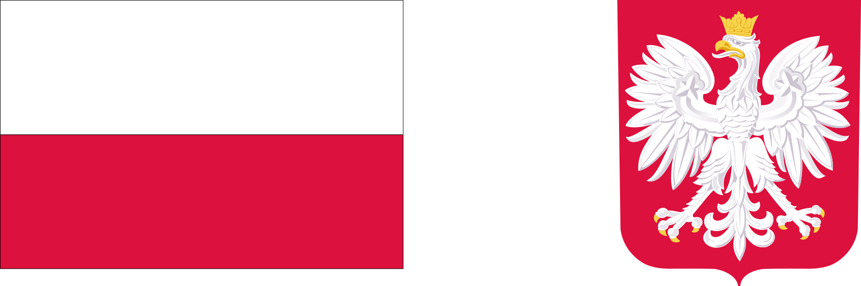 Od lewej strony polska flaga obok niej godło Rzeczypospolitej Polskiej - wizerunek orła białego ze złotą koroną na głowie zwróconej w prawo, z rozwiniętymi skrzydłami, z dziobem i szponami złotymi, umieszczony w czerwonym polu tarczy
