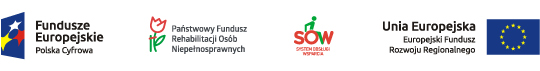 Logo Programu Funduszy Eurpejskich Polska Cyfrowa, Logo Państwowy Fundusz Rehabilitacji Osób Niepełnosprawnych, Logo projektu System Obsługi Wsparcia, Flaga Unii Europejskiej, Europejski Fundusz Rozwoju Regionalnego