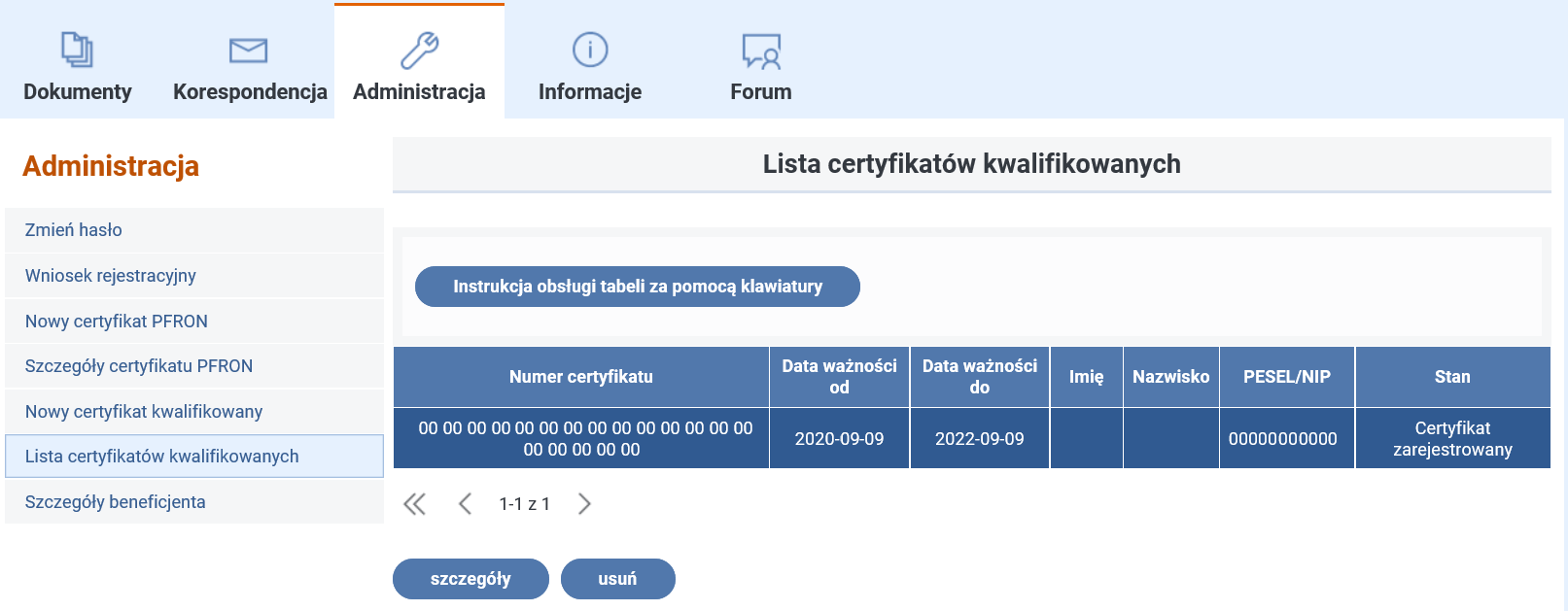 Widok ekranu po wyborze funkcji ‘Lista certyfikatów kwalifikowanych’.