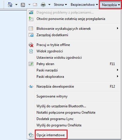 Ekran systemowy ‘Narzędzia’ w menu przeglądarki Internet Explorer.