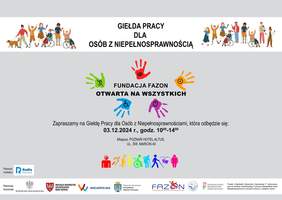 Pokaż zdjęcie: Namalowani ludzie, w tym osoby na wózkach wokół napisu: „Giełda Pracy dla Osób z Niepełnosprawnością”. Poniżej napis: „Fundacja FAZON otwarta na wszystkich”, piktogramy z różnymi niepełnosprawnościami oraz informacje o wydarzeniu z treści publikacji.