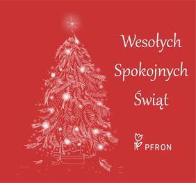 Pokaż zdjęcie: Na czerwonym tle znajduje się stylizowana choinka stworzona z białych linii i światełek oraz logo PFRON. Obok napis: „Wesołych Spokojnych Świąt”.