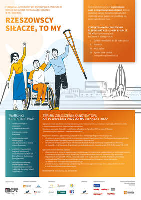 Plakat plebiscytu zawierający grafikę, 3 osoby z niepełnosprawnościami na tle budynków miast oraz informacje o plebiscycie (dla kogo, terminy itp.)