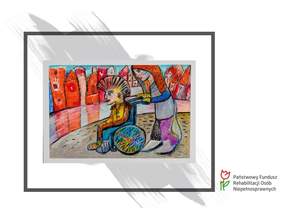 Pokaż zdjęcie: pocztówka z dziełem ubiegłorocznego laureata konkursu - kolorowy obraz osoby na wózku