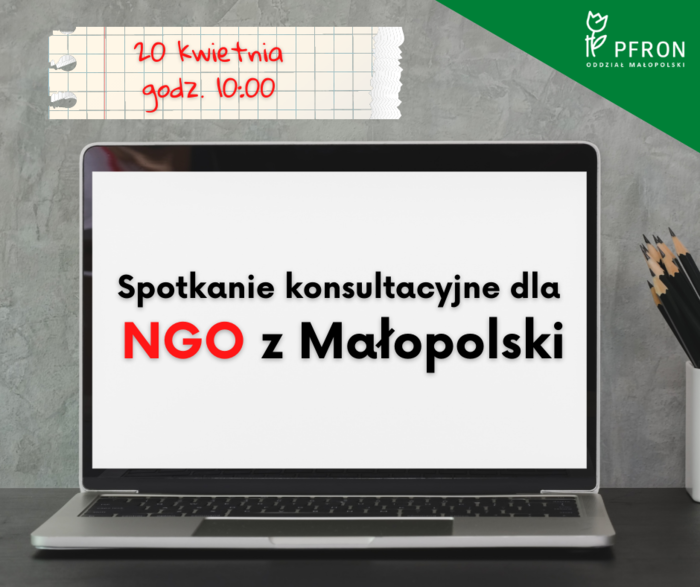 Pokaż zdjęcie: Grafika z zaproszeniem. Na środku otwarty laptop z napisem Spotkanie konsultacyjne dla NGO z Małopolski. 