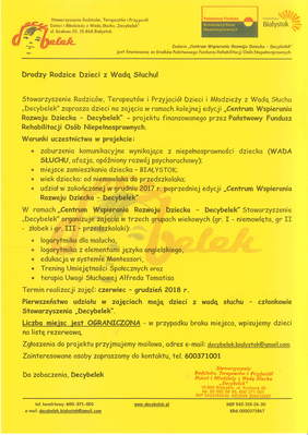 Zaproszenie na zajęcia w ramach kolejnej edycji „Centrum Wspierania Rozwoju Dziecka – Decybelek”