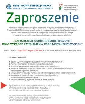 Pokaż zdjęcie: Państwowa Inspekcja Pracy Okręgowy Inspektorat Pracy w Lublinie i Państwowy Fundusz Rehabilitacji Osób Niepełnosprawnych, mając na celu popularyzowanie działań podejmowanych na rzecz osób niepełnosprawnych ze szczególnym uwzględnieniem dobrych