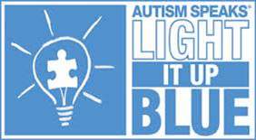 Pokaż zdjęcie: Logo w kształcie prostokąta po lewej stronie na niebieskim tle narysowana żarówka w środku biały kawałek puzzla, po prawej stronie napis AUTISM SPEAKS LIGHT IT UP BLUE.
