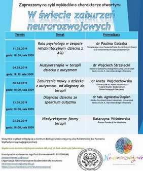 Pokaż zdjęcie: Plakat promujący wykłady otwarte na Uniwersytecie Medycznym w Poznaniu nt. wsparcia osób z zaburzeniami neurorozwojowymi