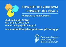 Pokaż zdjęcie: na zdjęciu: na niebieskim tle zamieszczono dane kontaktowe dla kandydatów z regionu łódzkiego do udziału w projektcie Kompleksowej rehabilitacji  