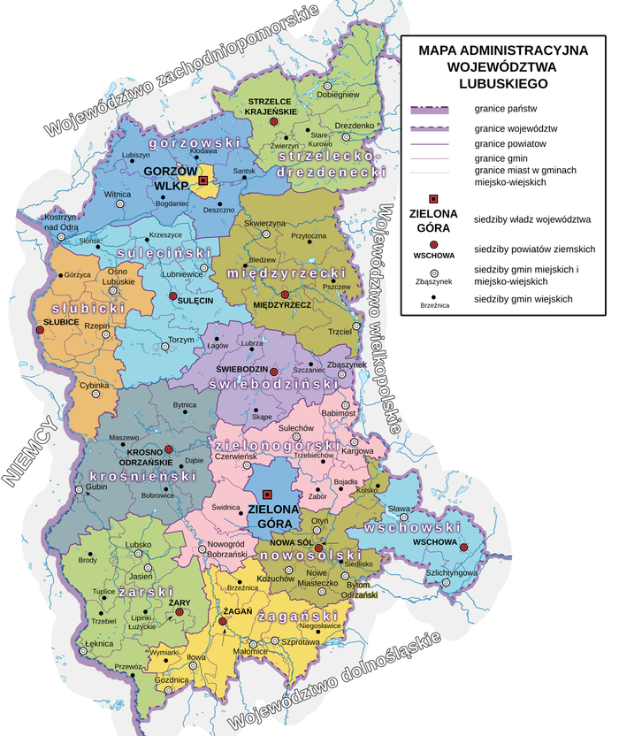 Pokaż zdjęcie: Kolorowa mapa województwa lubuskiego z podziałem na powiaty i gminy