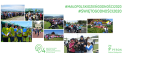 Pokaż zdjęcie: Grafika z okazji Małopolskiego Dnia Godności 2020. Na białym tle zielony napis i zdjęcia z uroczystości organizowanych w latach 2017-2019