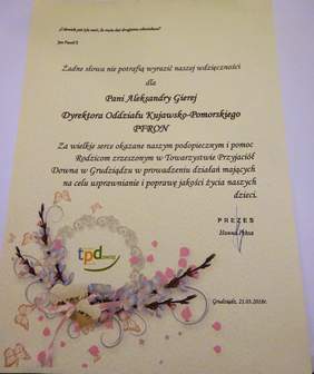 Podziękowania dla Dyrektor Oddziału Kujawsko-Pomorskiego PFRON - Aleksandry Gierej