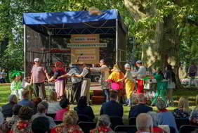 Na pierwszym planie 2-3 rzędy osób z widowni, widziani z tyły, przed sceną kolorowo ubrani występują artyści. Scena jest na tle drzew.