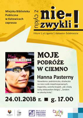 Plakat zapraszający na spotkanie z niewidomą podróżniczką Hanną Pasterny