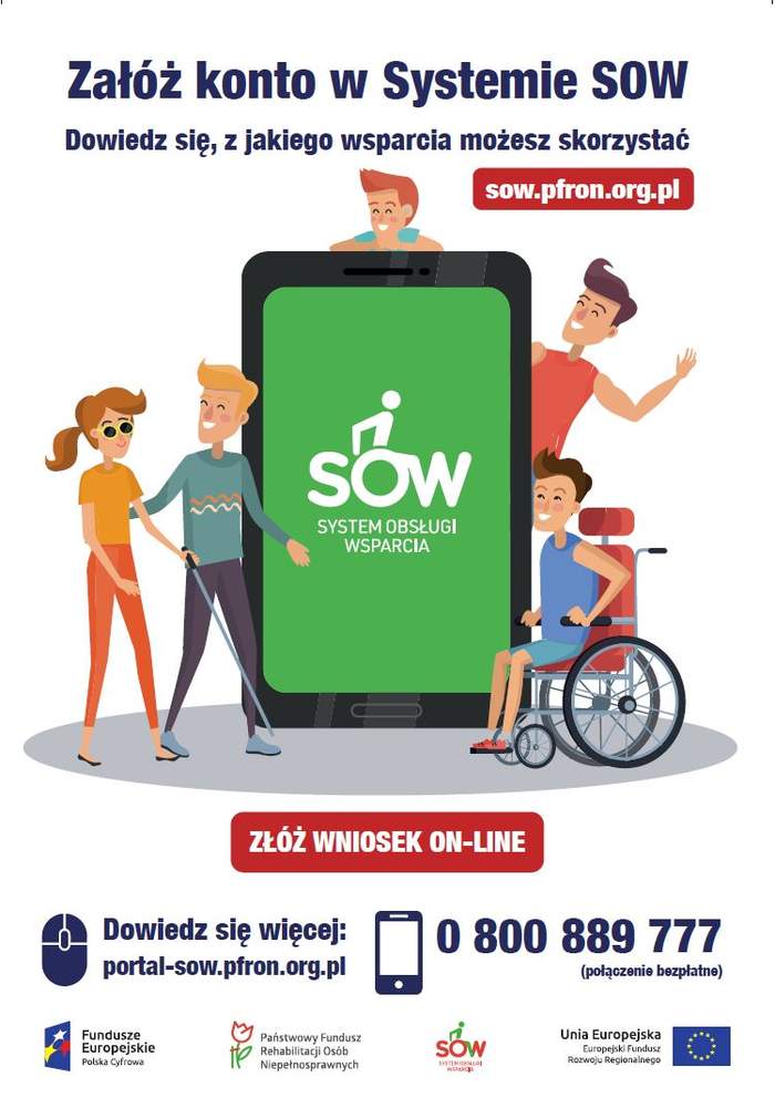 Pokaż zdjęcie: Grafika promująca system SOW w kształcie smartfona, napisy informacyjne, numer telefonu, grafiki osób