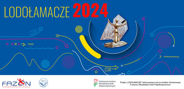 Pokaż zdjęcie: Na niebieskim tle w lewym górnym rogu znajdują się słowa lodołamacze 2024, na środku zdjęcie statuetki nagrody w konkursie.